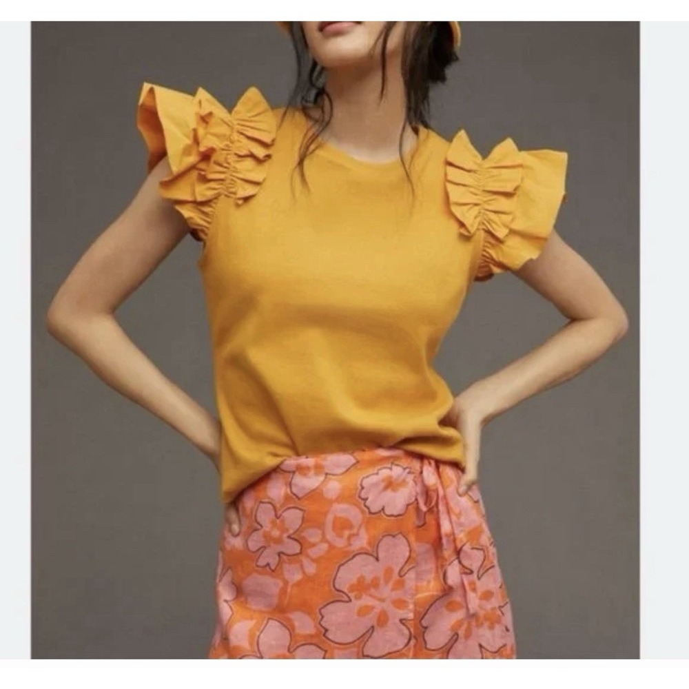 Anthropologie Mustard Yellow Ribbed Knit Ruffle Sleeve Top Women's Medium